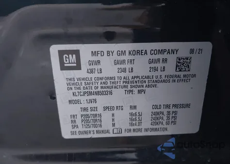 2022 Chevrolet Trax Awd Lt z USA, uszkodzony, nr VIN KL7CJPSM4NB503316